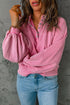 Lantern Sleeve Snap Button Placket Washed Pullover Casual Round Neck Sweatshirt